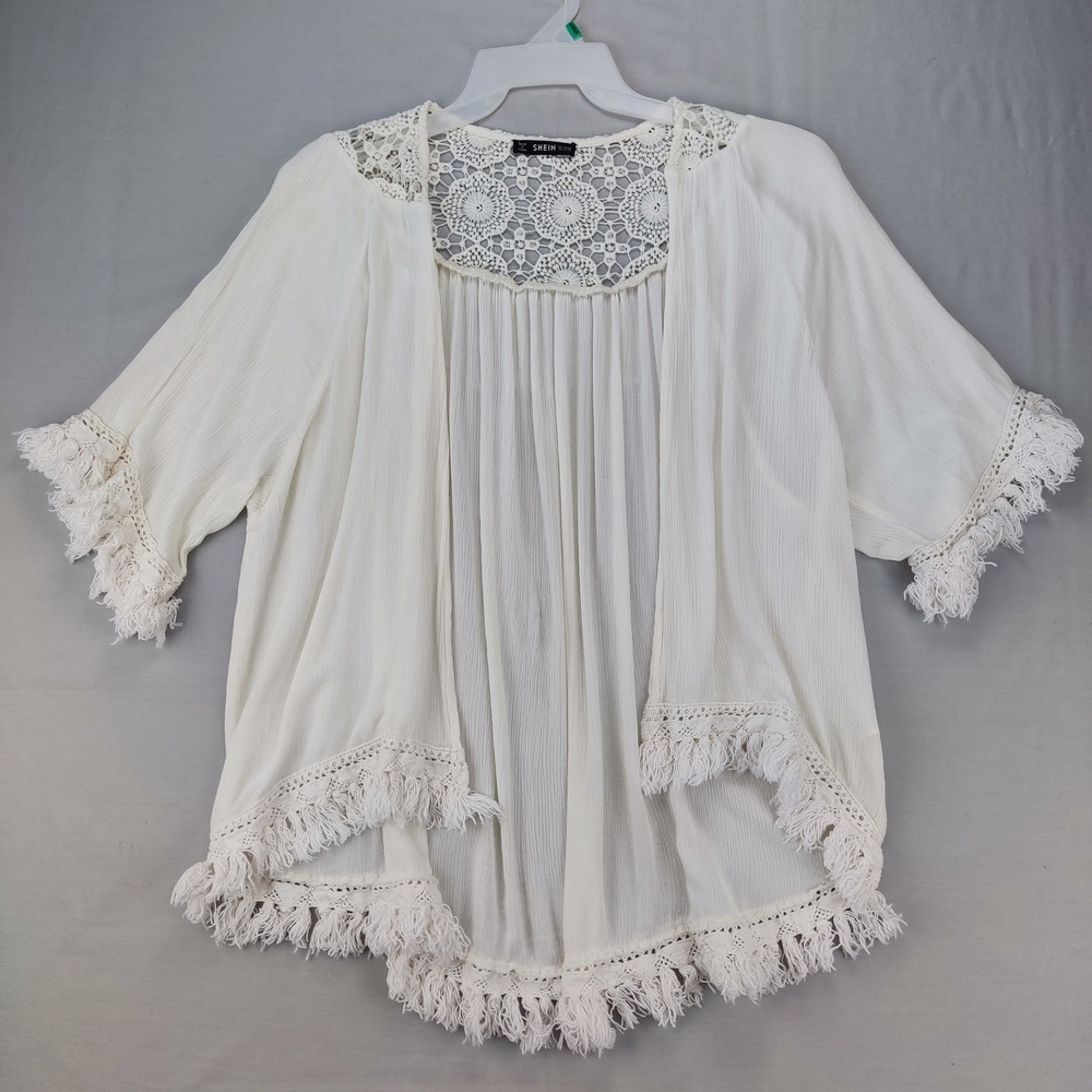Shein Cardigan Womens OS White Crochet Lace Boho Open Front Tassel Fringe Kimono